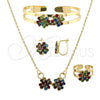 Collar, Pulsera, Dije y Anillo 06.165.0009 Oro Laminado, Diseño de Flor, con Multicolor Zirconia Cubica, Pulido, Tono Dorado