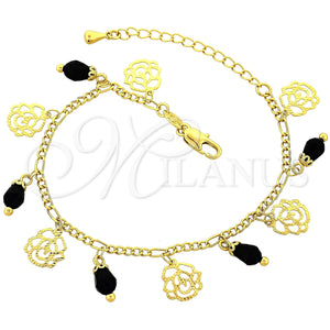 Pulsera de Dije 03.63.0179.08 Oro Laminado, Diseño de Flor, con Negro Cristal, Diamantado, Tono Dorado (02 MM Thickness, 8 Inches Length)