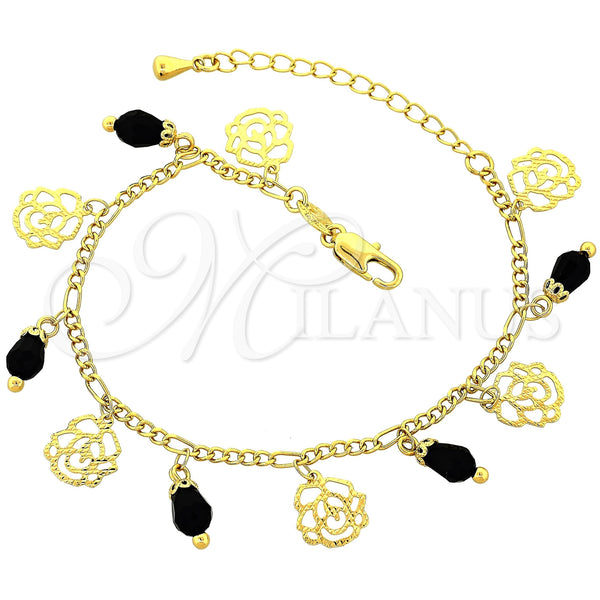 Pulsera de Dije 03.63.0179.08 Oro Laminado, Diseño de Flor, con Negro Cristal, Diamantado, Tono Dorado (02 MM Thickness, 8 Inches Length)
