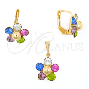 Juego de Arete y Dije de Adulto 10.150.0053 Oro Laminado, Diseño de Flor, con Multicolor Cristal, Pulido, Tono Dorado