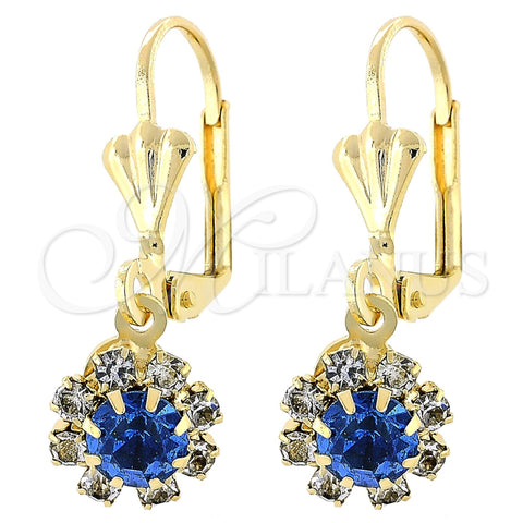 Arete Colgante 5.125.017.3 Oro Laminado, Diseño de Flor, con Zafiro Azul and Blanca Zirconia Cubica, Pulido, Tono Dorado