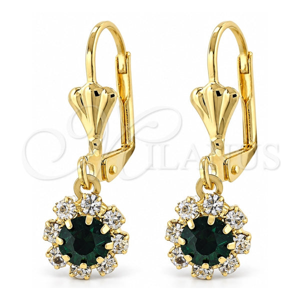 Arete Colgante 5.125.017.5 Oro Laminado, Diseño de Flor, con Zirconia Cubica Esmeralda y Blanca, Pulido, Tono Dorado