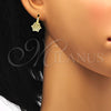 Arete Gancho Frances 02.195.0057 Oro Laminado, Diseño de Flor, con Micro Pave Blanca, Pulido, Tono Dorado