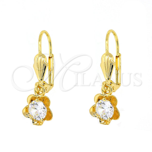 Arete Colgante 02.63.2450 Oro Laminado, Diseño de Flor, con Blanca Zirconia Cubica, Pulido, Tono Dorado