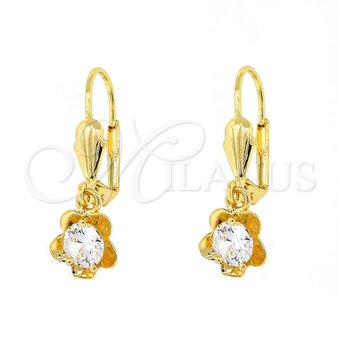 Arete Colgante 02.63.2450 Oro Laminado, Diseño de Flor, con Blanca Zirconia Cubica, Pulido, Tono Dorado