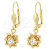 Arete Colgante 02.63.2452 Oro Laminado, Diseño de Flor, con Blanca Zirconia Cubica, Pulido, Tono Dorado