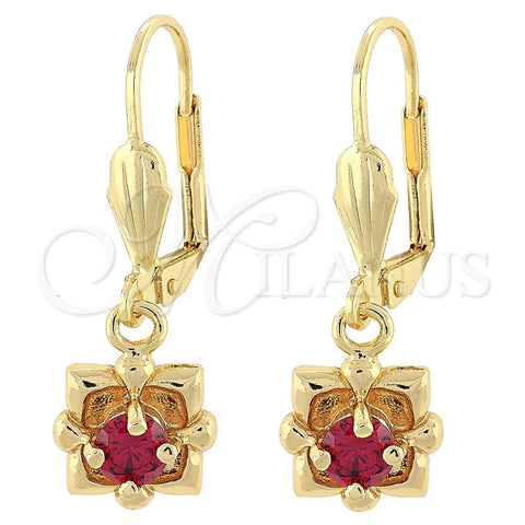 Arete Colgante 02.63.2452.1 Oro Laminado, Diseño de Flor, con Granate Zirconia Cubica, Pulido, Tono Dorado