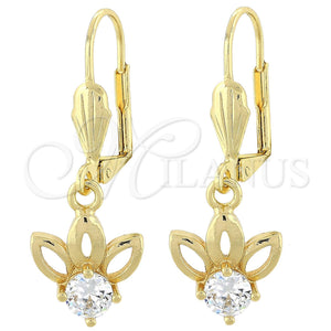 Arete Colgante 02.63.2456 Oro Laminado, Diseño de Flor, con Blanca Zirconia Cubica, Pulido, Tono Dorado