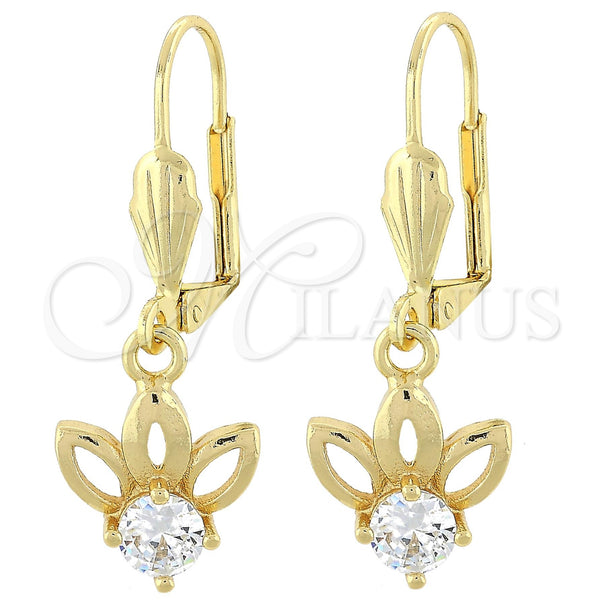 Arete Colgante 02.63.2456 Oro Laminado, Diseño de Flor, con Blanca Zirconia Cubica, Pulido, Tono Dorado