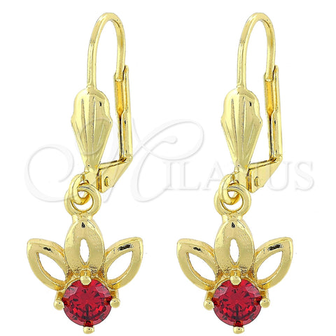 Arete Colgante 02.63.2456.1 Oro Laminado, Diseño de Flor, con Granate Zirconia Cubica, Pulido, Tono Dorado