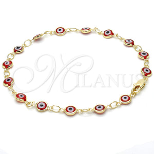Tobillera Elegante 5.039.006.10 Oro Laminado, Diseño de Ojo Griego, Resinado Rojo, Tono Dorado (07 MM Thickness, 10 Inches Length)