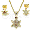 Juego de Arete y Dije de Adulto 10.156.0019.1 Oro Laminado, Diseño de Tortuga, con Granate Micro Pave, Pulido, Tono Dorado