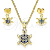 Juego de Arete y Dije de Adulto 10.156.0019.2 Oro Laminado, Diseño de Tortuga, con Zafiro Azul and Blanca Micro Pave, Pulido, Tono Dorado