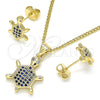 Juego de Arete y Dije de Adulto 10.156.0019.2 Oro Laminado, Diseño de Tortuga, con Zafiro Azul and Blanca Micro Pave, Pulido, Tono Dorado