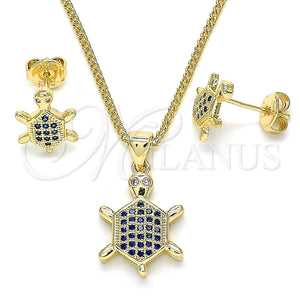 Juego de Arete y Dije de Adulto 10.156.0019.2 Oro Laminado, Diseño de Tortuga, con Zafiro Azul and Blanca Micro Pave, Pulido, Tono Dorado