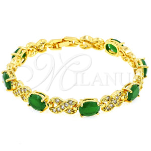 Pulsera Tennis 03.206.0001.2.07 Oro Laminado, Diseño de Besos y Abrazos, con Zirconia Cubica Verde y Micro Pave Blanca, Pulido, Tono Dorado (Grosor 07 MM, 7 Pulgadas de Largo)