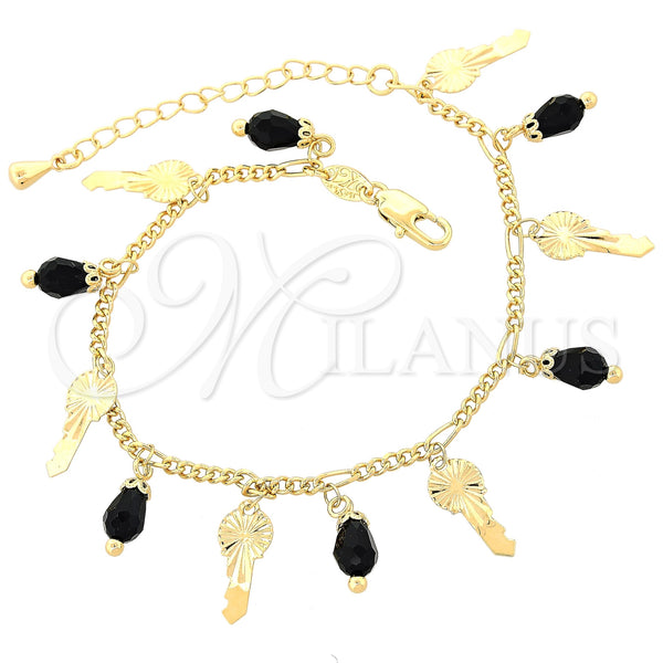 Pulsera de Dije 03.63.0178.08 Oro Laminado, Diseño de Llave, con Negro Cristal, Diamantado, Tono Dorado (02 MM Thickness, 8 Inches Length)