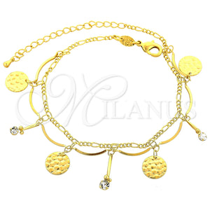 Tobillera de Dije 03.63.1302.10 Oro Laminado, Diseño de Bola, con Blanca Zirconia Cubica, Pulido, Tono Dorado (05 MM Thickness, 10 Inches Length)
