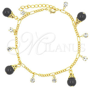 Pulsera de Dije 03.60.0125.1.07 Oro Laminado, Diseño de Gota y Figaro, con Negro Cristal and Blanca Zirconia Cubica, Pulido, Tono Dorado (02 MM Thickness, 7 Inches Length)
