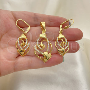 Juego de Arete y Dije de Adulto 10.160.0050 Oro Laminado, Diseño de Corazón, con Blanca Cristal, Pulido, Tono Dorado