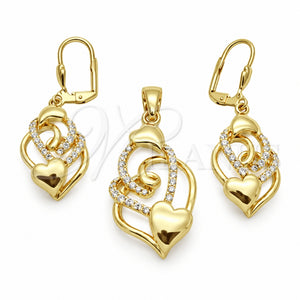 Juego de Arete y Dije de Adulto 10.160.0050 Oro Laminado, Diseño de Corazón, con Blanca Cristal, Pulido, Tono Dorado