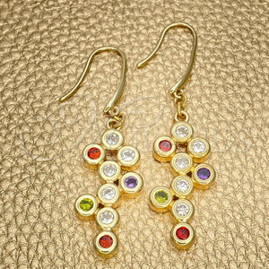Arete Colgante 02.59.0115 Oro Laminado, Diseño de Uva, con Multicolor Zirconia Cubica, Pulido, Tono Dorado
