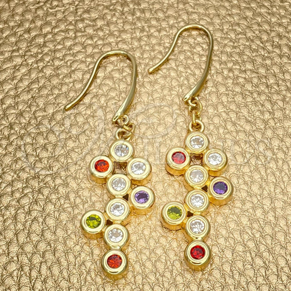 Arete Colgante 02.59.0115 Oro Laminado, Diseño de Uva, con Multicolor Zirconia Cubica, Pulido, Tono Dorado