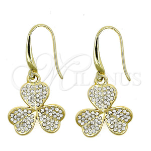 Arete Colgante 02.59.0114 Oro Laminado, Diseño de Corazón y Oja, con Blanca Cristal, Pulido, Tono Dorado