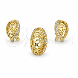 Juego de Arete y Dije de Adulto 10.59.0227 Oro Laminado, Diseño de Oja, con Blanca Cristal, Pulido, Tono Dorado