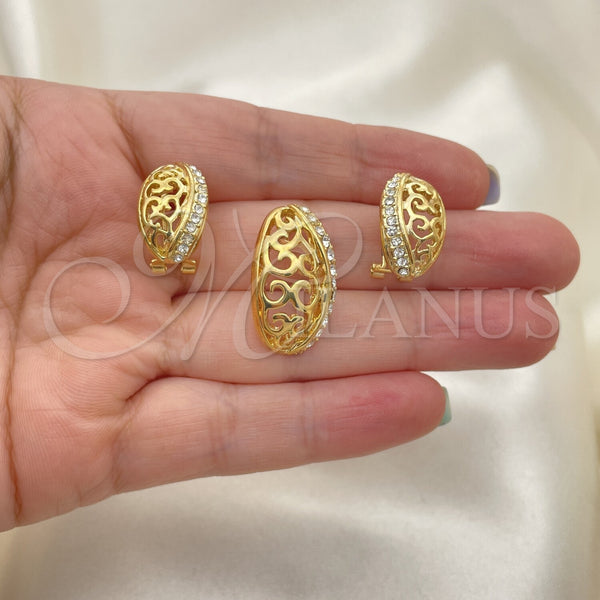 Juego de Arete y Dije de Adulto 10.59.0227 Oro Laminado, Diseño de Oja, con Blanca Cristal, Pulido, Tono Dorado