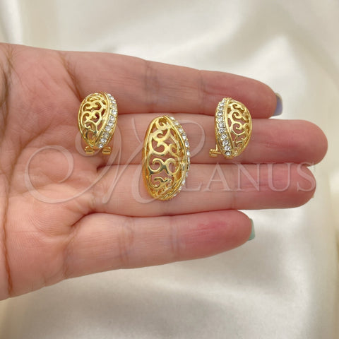 Juego de Arete y Dije de Adulto 10.59.0227 Oro Laminado, Diseño de Oja, con Blanca Cristal, Pulido, Tono Dorado