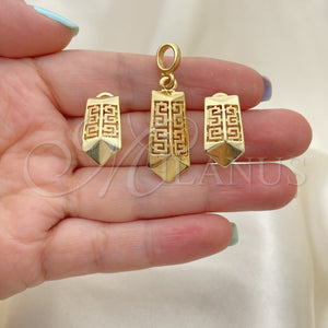 Juego de Arete y Dije de Adulto 10.59.0224 Oro Laminado, Diseño de Llave Griega, Mate, Tono Dorado