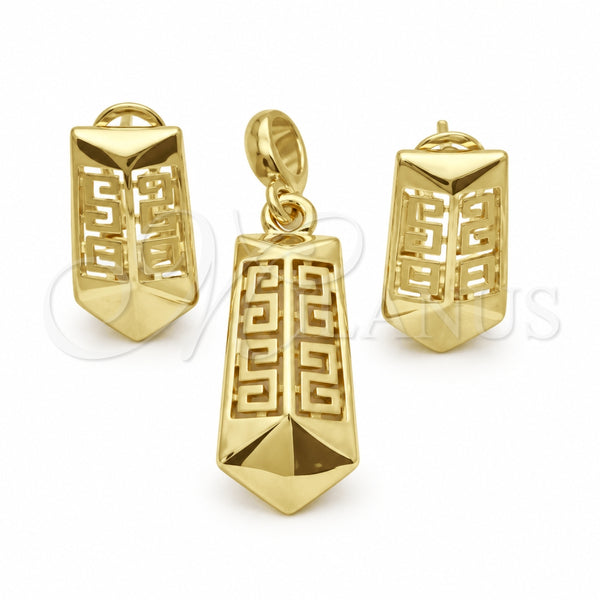 Juego de Arete y Dije de Adulto 10.59.0224 Oro Laminado, Diseño de Llave Griega, Mate, Tono Dorado