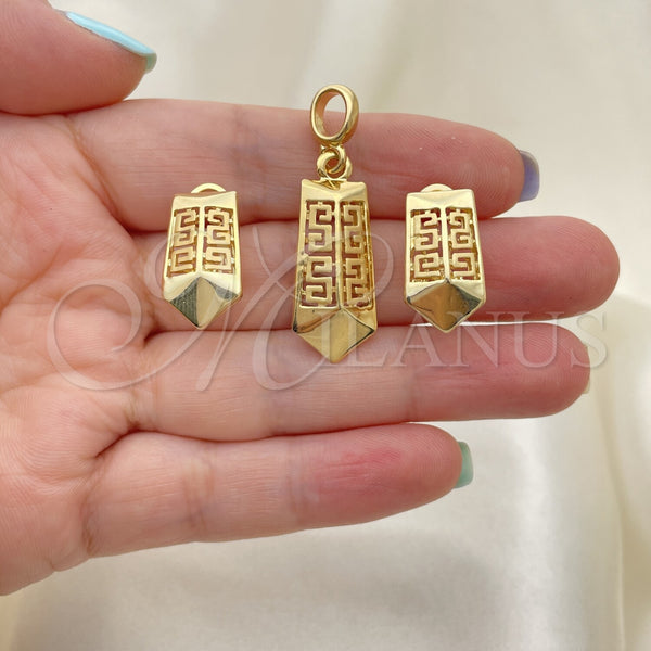 Juego de Arete y Dije de Adulto 10.59.0224 Oro Laminado, Diseño de Llave Griega, Mate, Tono Dorado