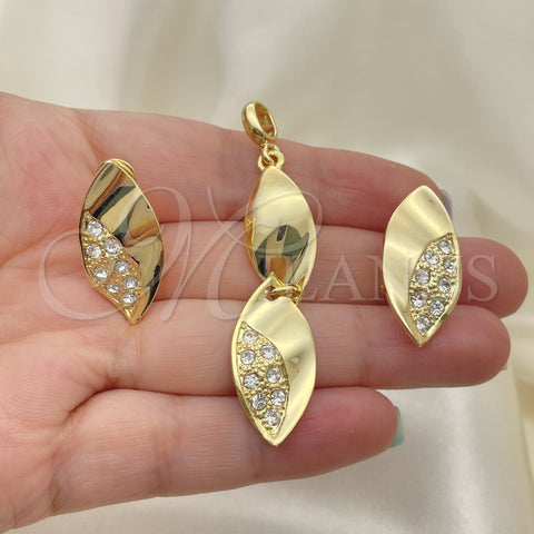 Juego de Arete y Dije de Adulto 10.59.0226 Oro Laminado, Diseño de Oja, con Blanca Zirconia Cubica, Pulido, Tono Dorado