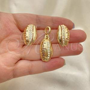 Juego de Arete y Dije de Adulto 10.59.0225 Oro Laminado, Diseño de Oja y Llave Griega, con Blanca Cristal, Pulido, Tono Dorado