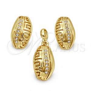 Juego de Arete y Dije de Adulto 10.59.0225 Oro Laminado, Diseño de Oja y Llave Griega, con Blanca Cristal, Pulido, Tono Dorado