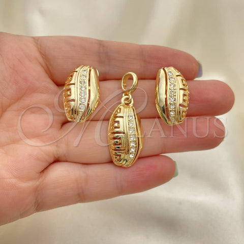 Juego de Arete y Dije de Adulto 10.59.0225 Oro Laminado, Diseño de Oja y Llave Griega, con Blanca Cristal, Pulido, Tono Dorado