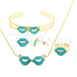 Juego de Arete y Dije de Nino 06.65.0101.2 Oro Laminado, Diseño de Labios y Rolo, Esmaltado Turquesa, Tono Dorado