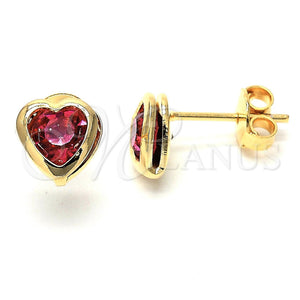 Arete Dormilona 02.09.0097 Oro Laminado, Diseño de Corazón y Amor, con Fucsia Cristal, Pulido, Tono Dorado