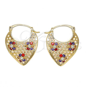 Argolla Pequeña 02.65.2459.1.22 Oro Laminado, Diseño de Corazón y Flor, con Multicolor Zirconia Cubica, Pulido, Tono Dorado