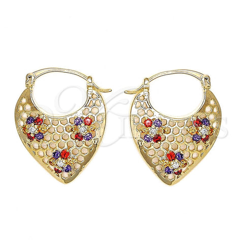 Argolla Pequeña 02.65.2459.1.22 Oro Laminado, Diseño de Corazón y Flor, con Multicolor Zirconia Cubica, Pulido, Tono Dorado
