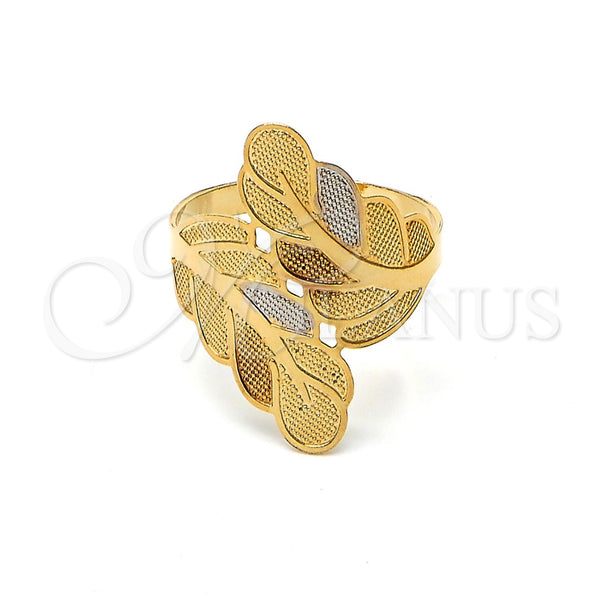 Anillo Elegante 117.013.08 Oro Laminado, Diseño de Oja, Diamantado, Tres Tonos (Size 8)