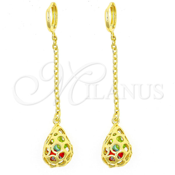 Arete Largo 02.150.0007 Oro Laminado, Diseño de Gota, con Multicolor Cristal, Pulido, Tono Dorado