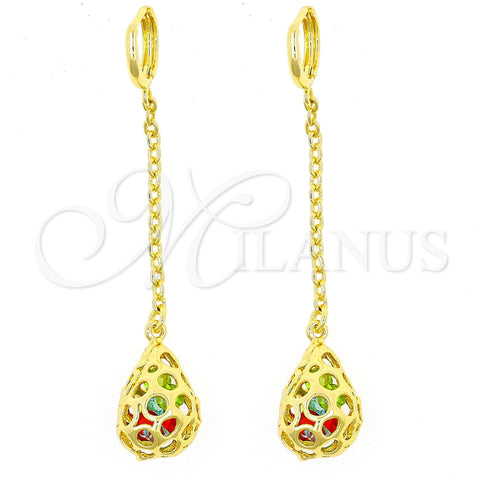 Arete Largo 02.150.0007 Oro Laminado, Diseño de Gota, con Multicolor Cristal, Pulido, Tono Dorado