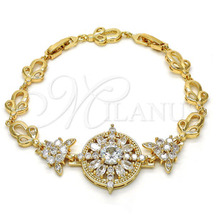 Pulsera Elegante 03.205.0019.07 Oro Laminado, Diseño de Flor y Oja, con Blanca Zirconia Cubica, Pulido, Tono Dorado (09 MM Thickness, 7 Inches Length)
