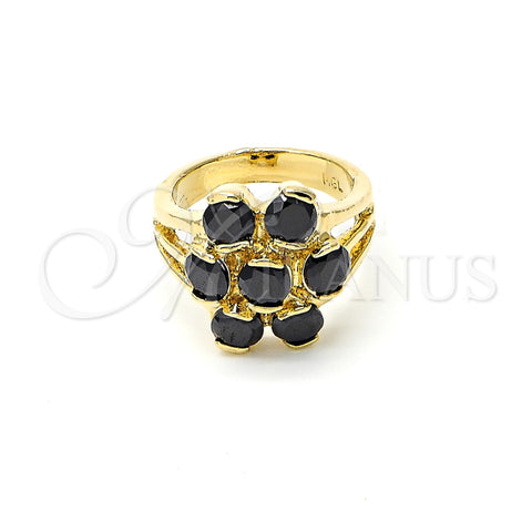 Anillo Multi Piedra 5.171.021.08 Oro Laminado, Diseño de Flor, con Negro Zirconia Cubica, Pulido, Tono Dorado (Size 8)