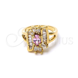 Anillo Multi Piedra 5.170.003.09 Oro Laminado, Diseño de Baguette y Cluster, con Fucsia and Blanca Zirconia Cubica, Pulido, Tono Dorado (Size 9)