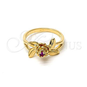 Anillo Elegante 5.172.021.08 Oro Laminado, Diseño de Flor y Oja, con Fucsia Zirconia Cubica, Pulido, Tono Dorado (Size 8)