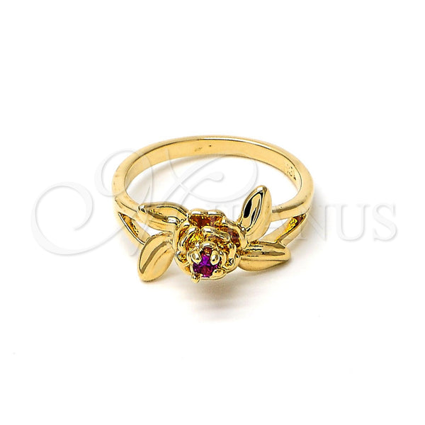 Anillo Elegante 5.172.021.08 Oro Laminado, Diseño de Flor y Oja, con Fucsia Zirconia Cubica, Pulido, Tono Dorado (Size 8)